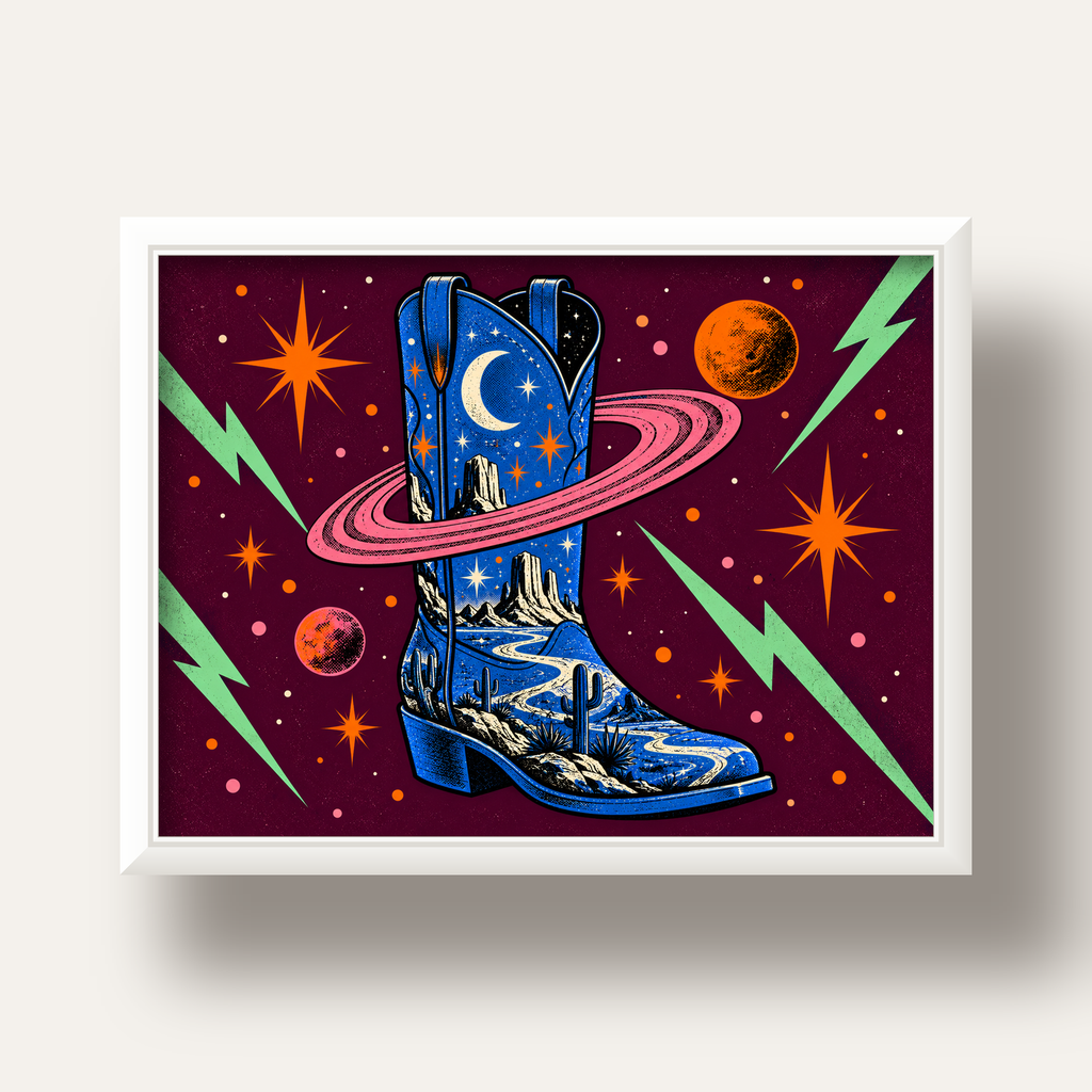 Kozmos Temalı Retro Kovboy Çizmesi Poster – Dijital Sanat — beyaz derin çerçeveli