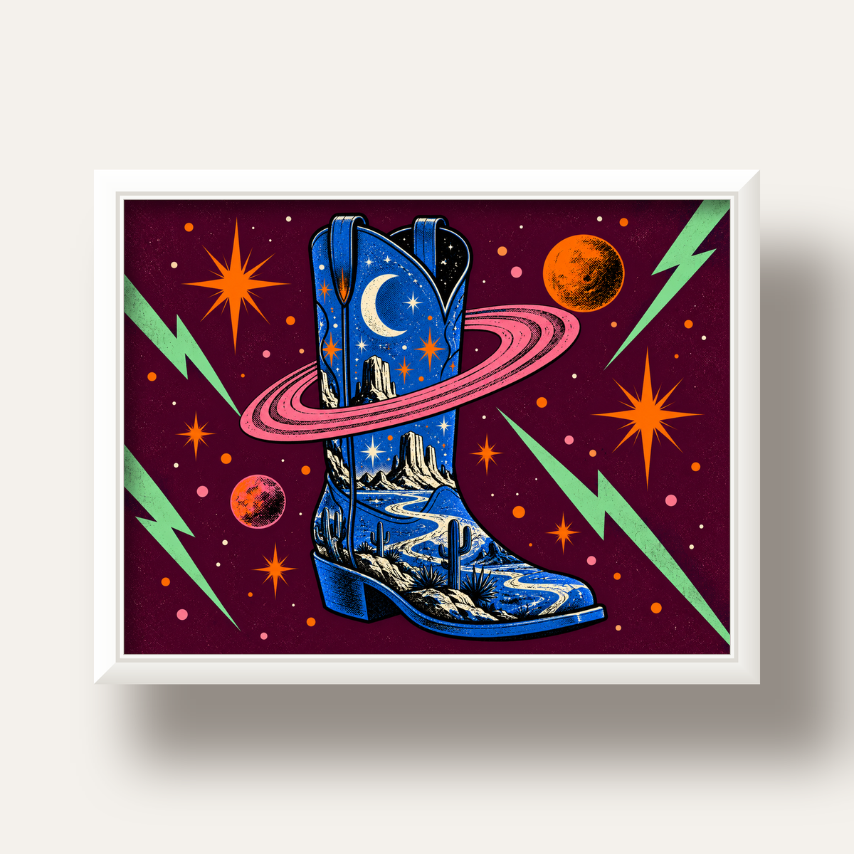 Kozmos Temalı Retro Kovboy Çizmesi Poster – Dijital Sanat — beyaz derin çerçeveli