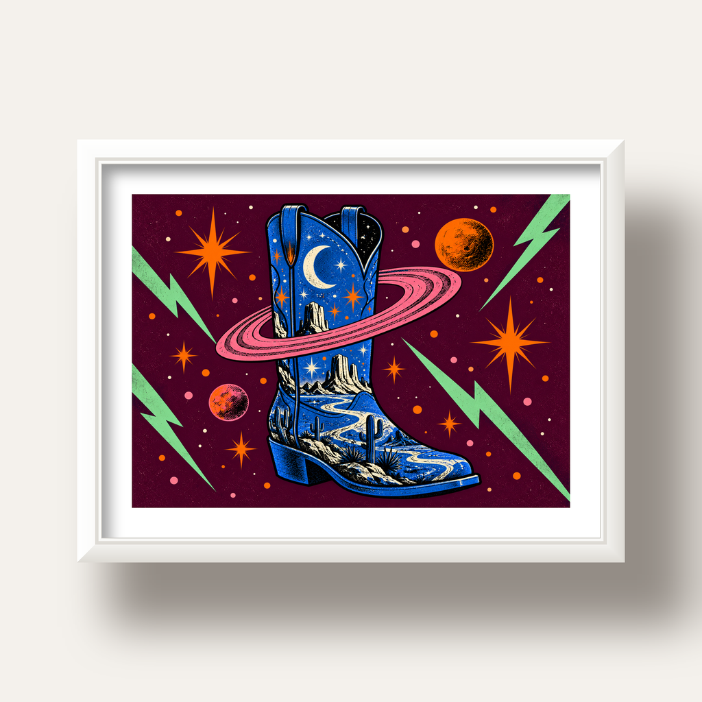 Kozmos Temalı Retro Kovboy Çizmesi Poster – Dijital Sanat — beyaz derin çerçeveli paspartulu