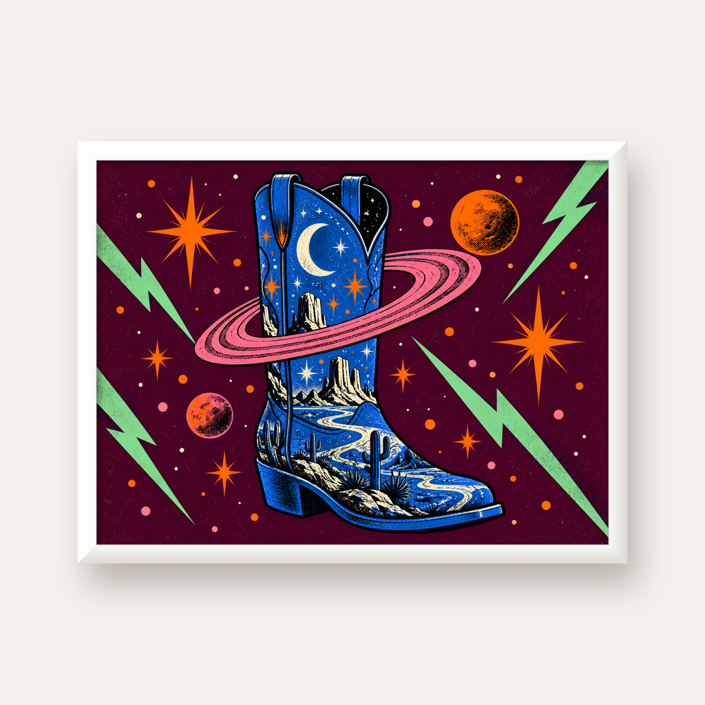 Kozmos Temalı Retro Kovboy Çizmesi Poster – Dijital Sanat — beyaz çerçeveli yatay poster