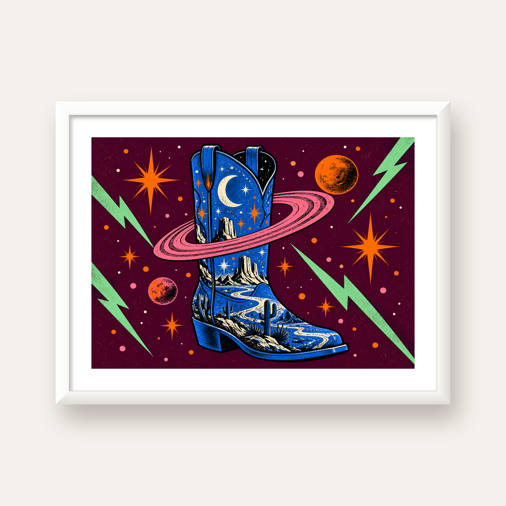 Kozmos Temalı Retro Kovboy Çizmesi Poster – Dijital Sanat — beyaz çerçeveli yatay poster