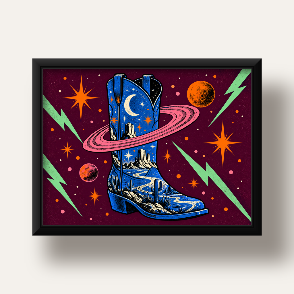 Kozmos Temalı Retro Kovboy Çizmesi Poster – Dijital Sanat — siyah derin çerçeveli