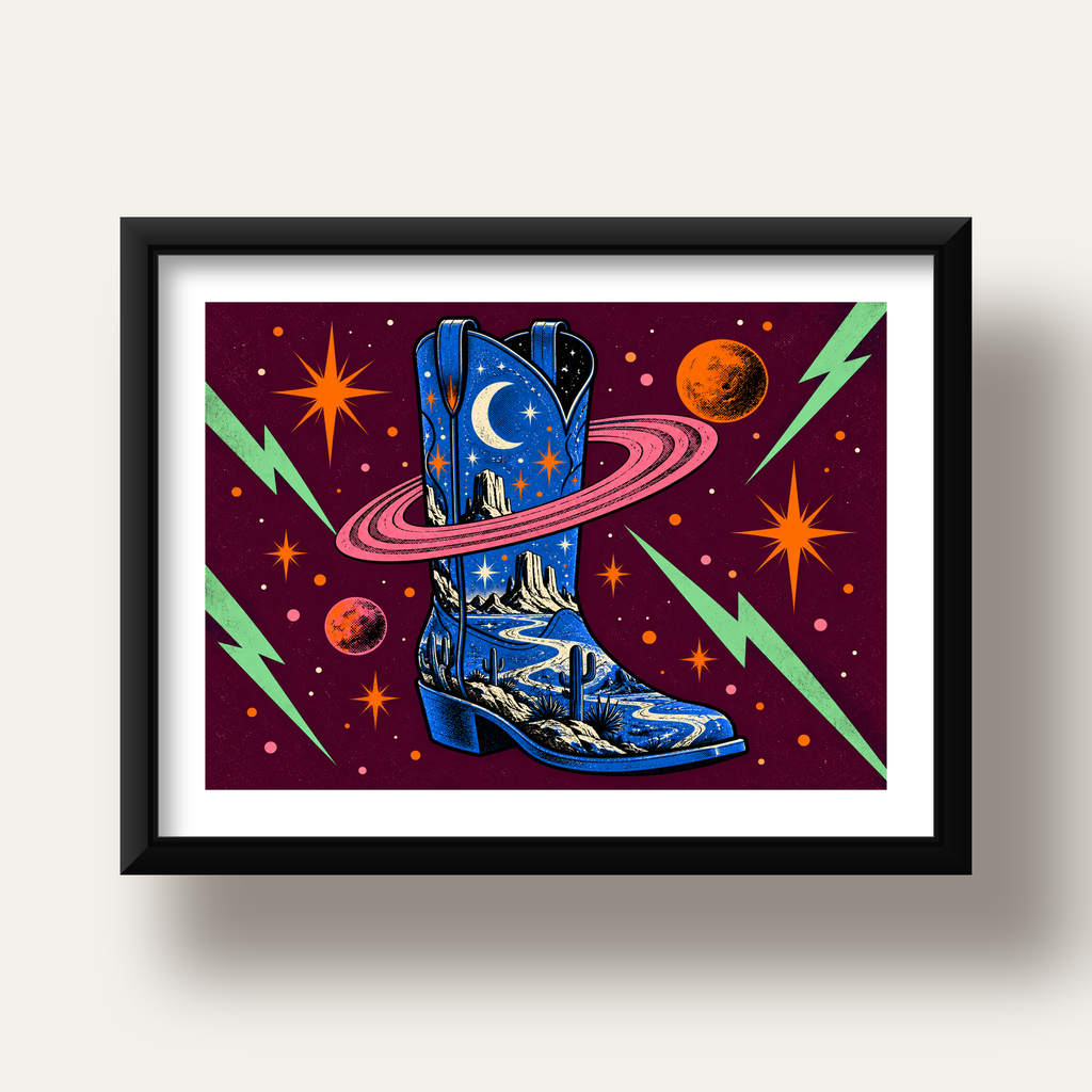 Kozmos Temalı Retro Kovboy Çizmesi Poster – Dijital Sanat — siyah derin çerçeveli paspartulu