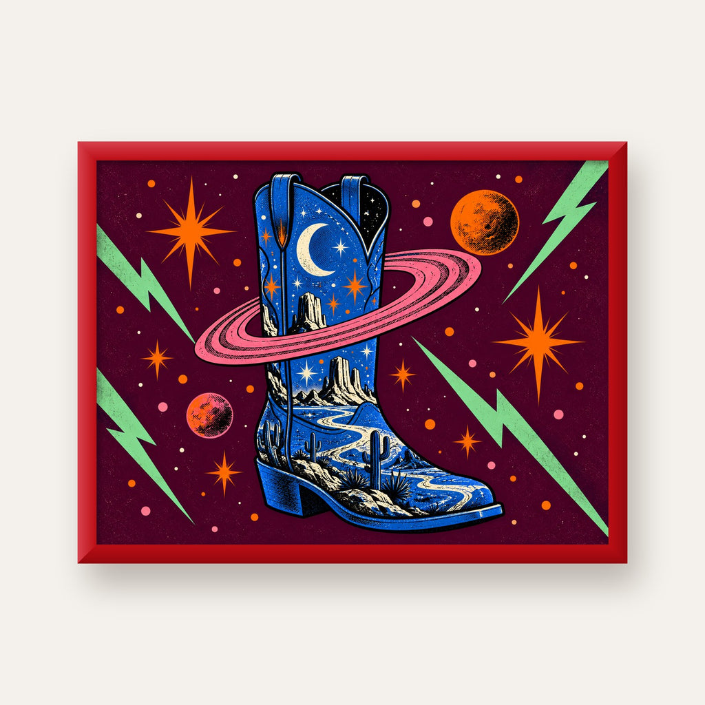 Kozmos Temalı Retro Kovboy Çizmesi Poster – Dijital Sanat — kırmızı çerçeveli