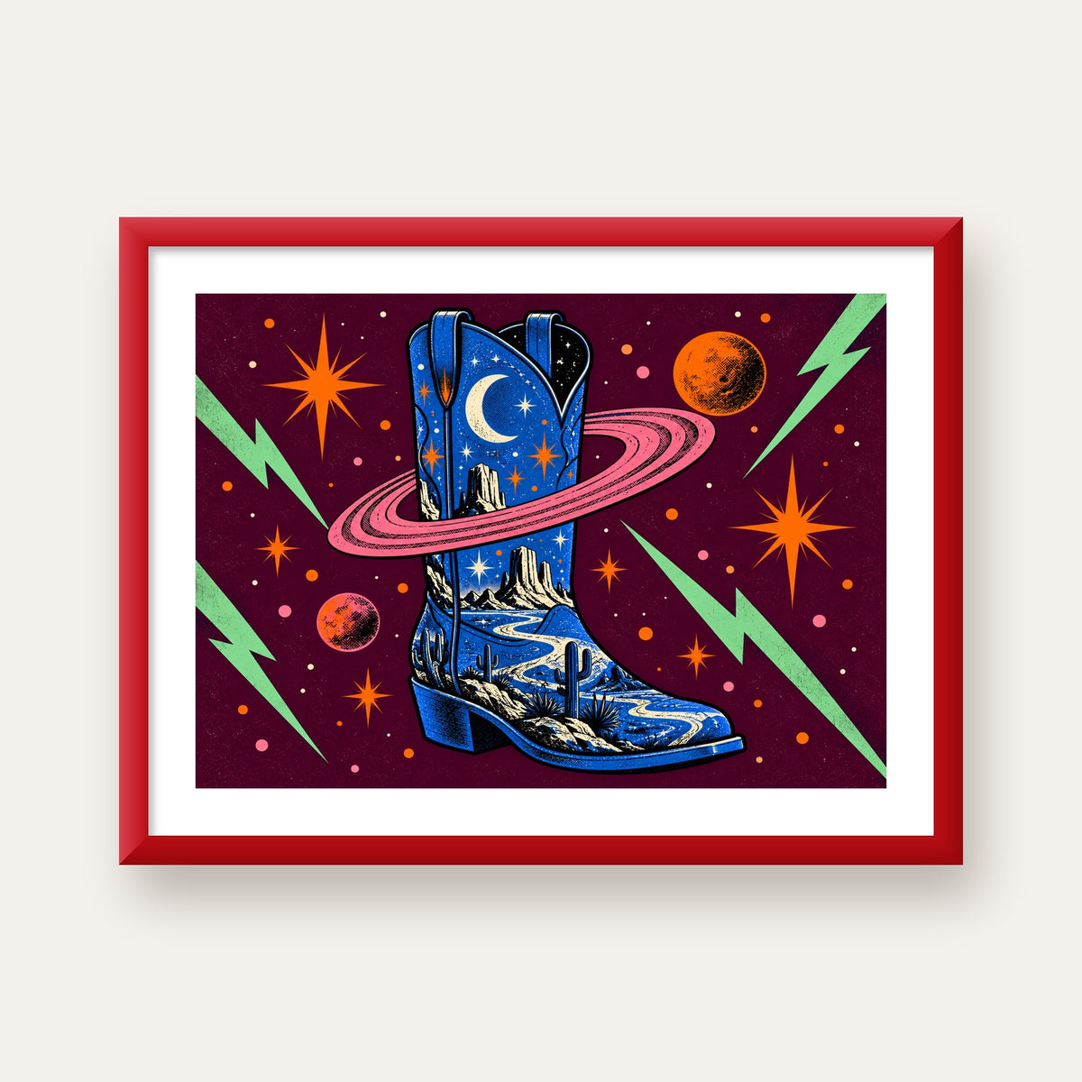 Kozmos Temalı Retro Kovboy Çizmesi Poster – Dijital Sanat — kırmızı çerçeveli paspartulu