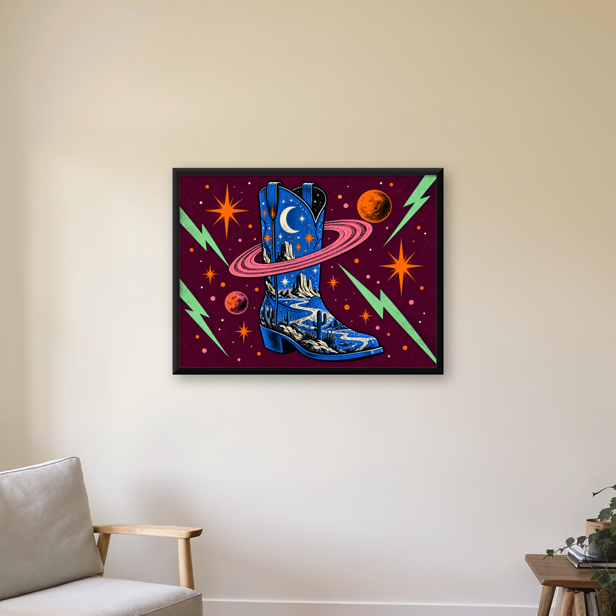 Kozmos Temalı Retro Kovboy Çizmesi Poster – Dijital Sanat — Yatay baskı, çerçeveli hâliyle bir ev duvarında