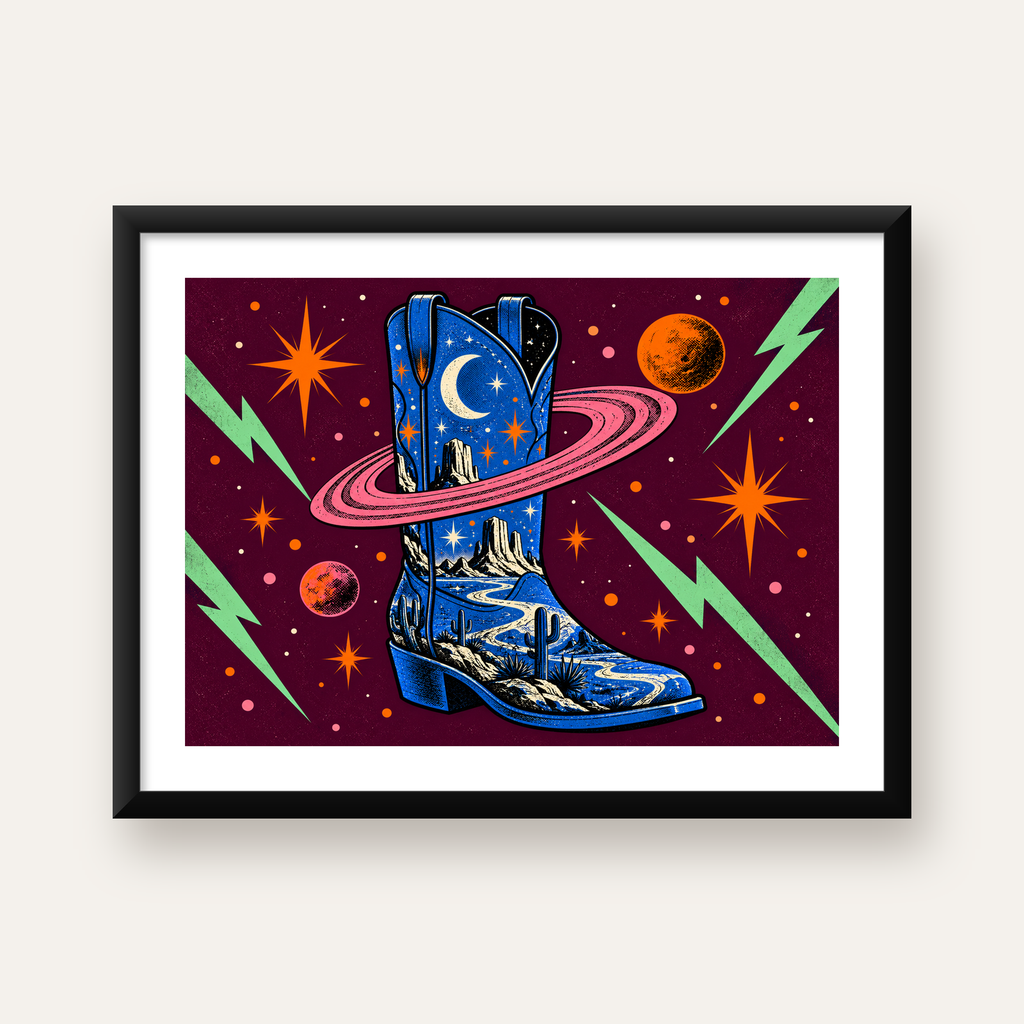 Kozmos Temalı Retro Kovboy Çizmesi Poster – Dijital Sanat — Yatay baskı, beyaz paspartulu