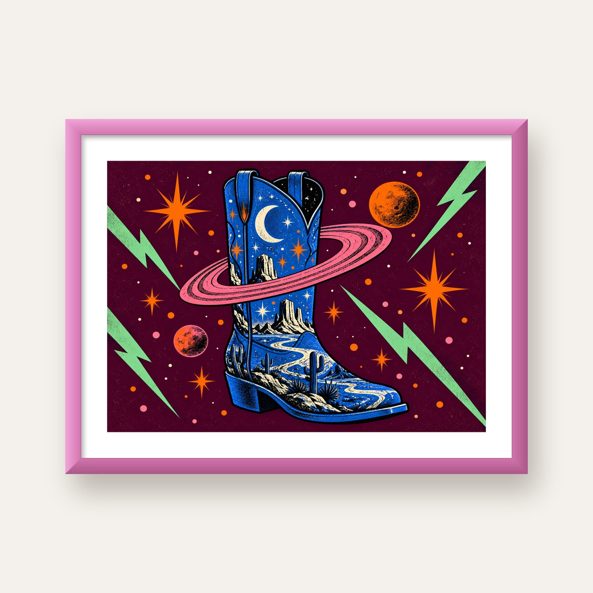 Kozmos Temalı Retro Kovboy Çizmesi Poster – Dijital Sanat — pembe çerçeveli paspartulu