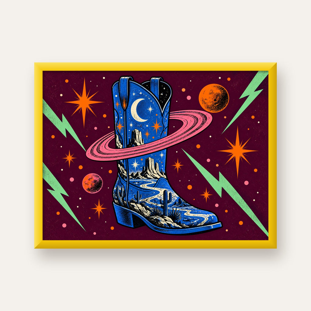 Kozmos Temalı Retro Kovboy Çizmesi Poster – Dijital Sanat — sarı çerçeveli
