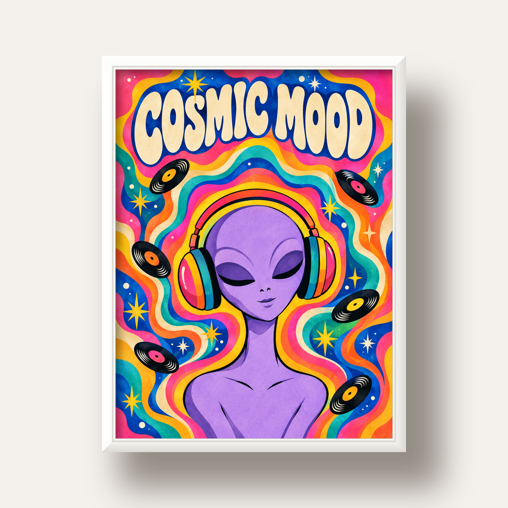 Cosmic Mood: Uzaylı ve Müzik Temalı Renkli Retro Poster — beyaz derin çerçeveli