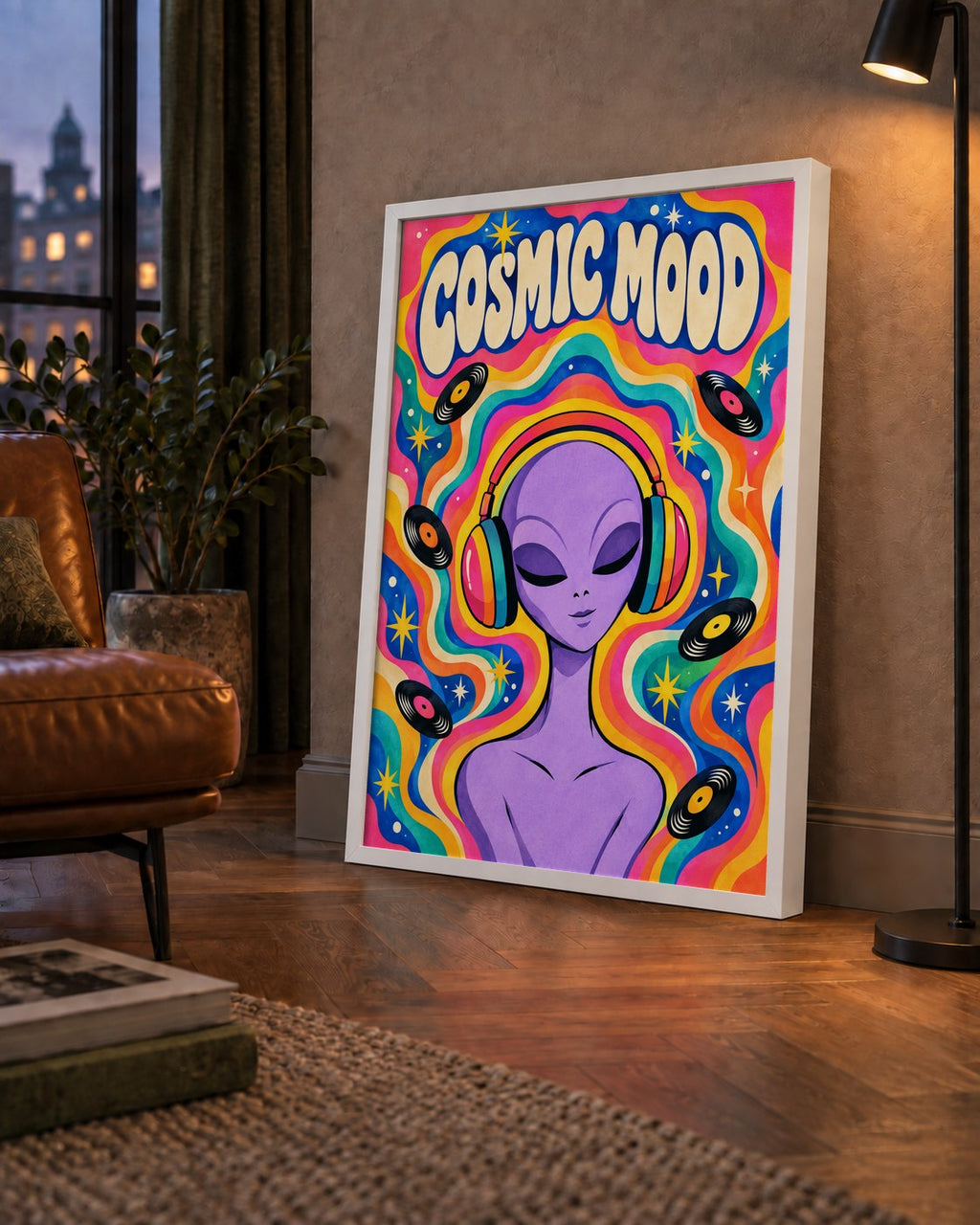 Cosmic Mood: Uzaylı ve Müzik Temalı Renkli Retro Poster