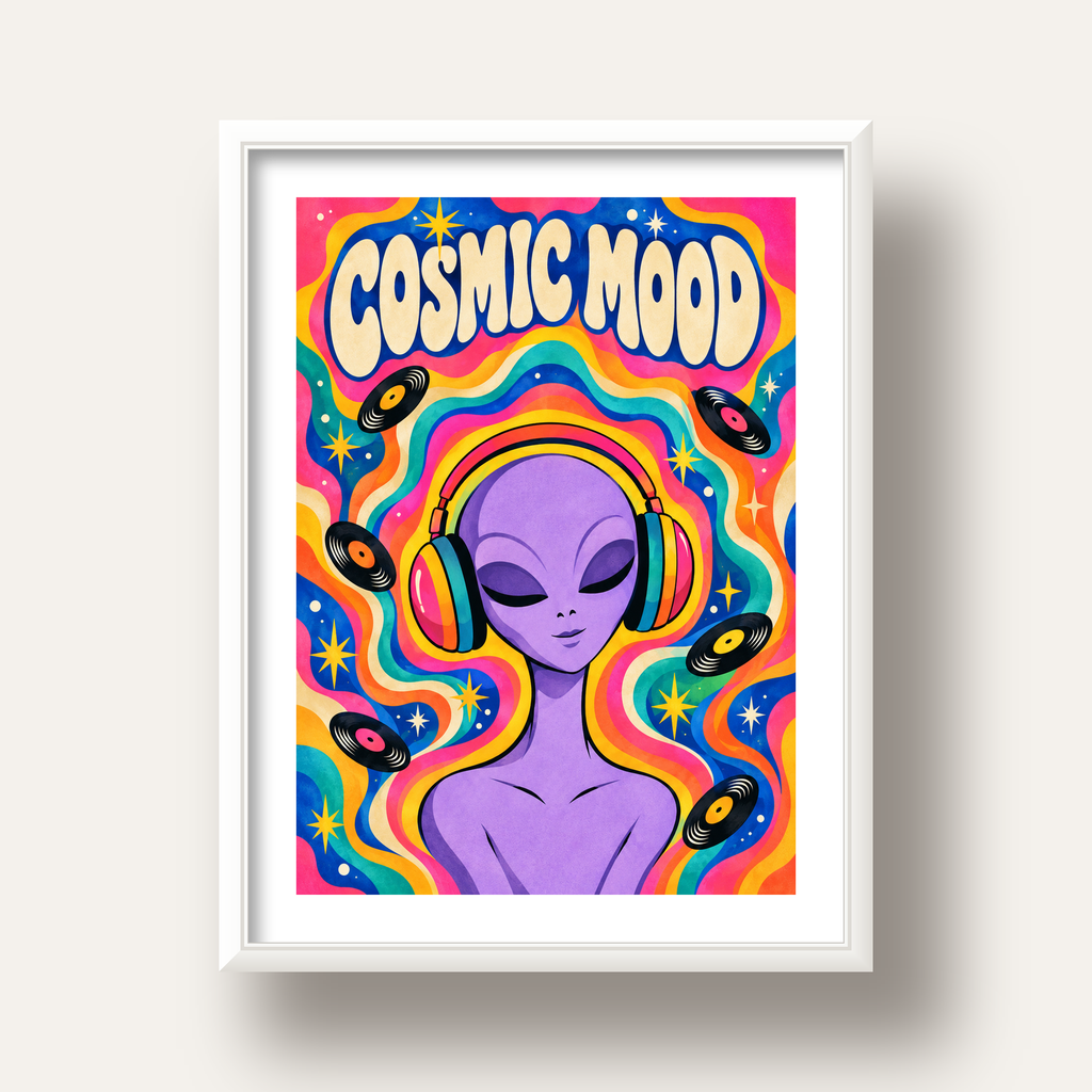 Cosmic Mood: Uzaylı ve Müzik Temalı Renkli Retro Poster — beyaz derin çerçeveli paspartulu