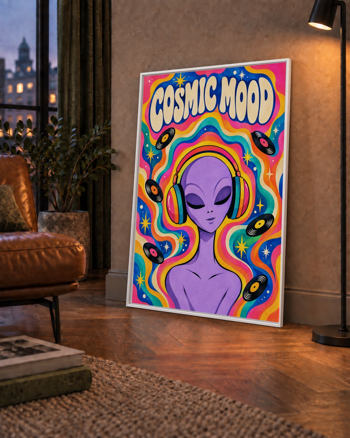 Cosmic Mood: Uzaylı ve Müzik Temalı Renkli Retro Poster