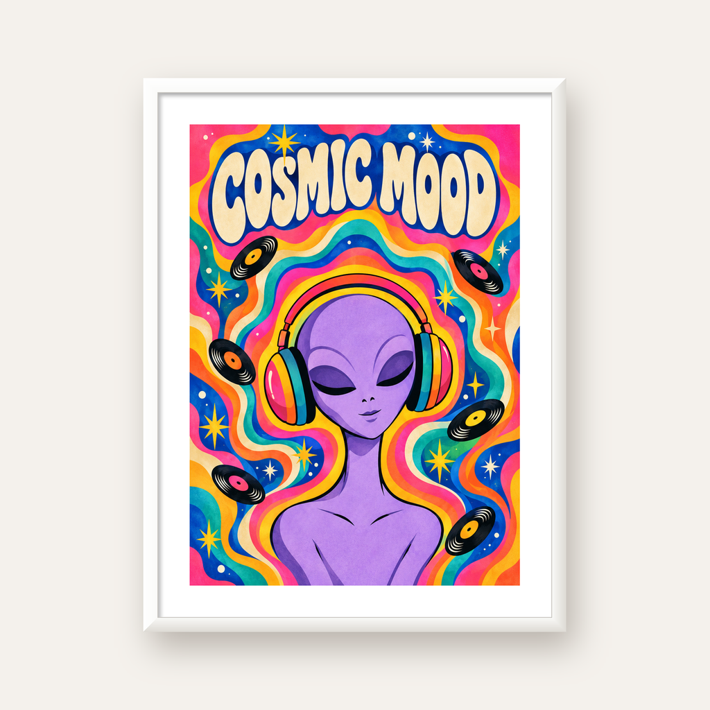 Cosmic Mood: Uzaylı ve Müzik Temalı Renkli Retro Poster — beyaz çerçeveli dikey poster