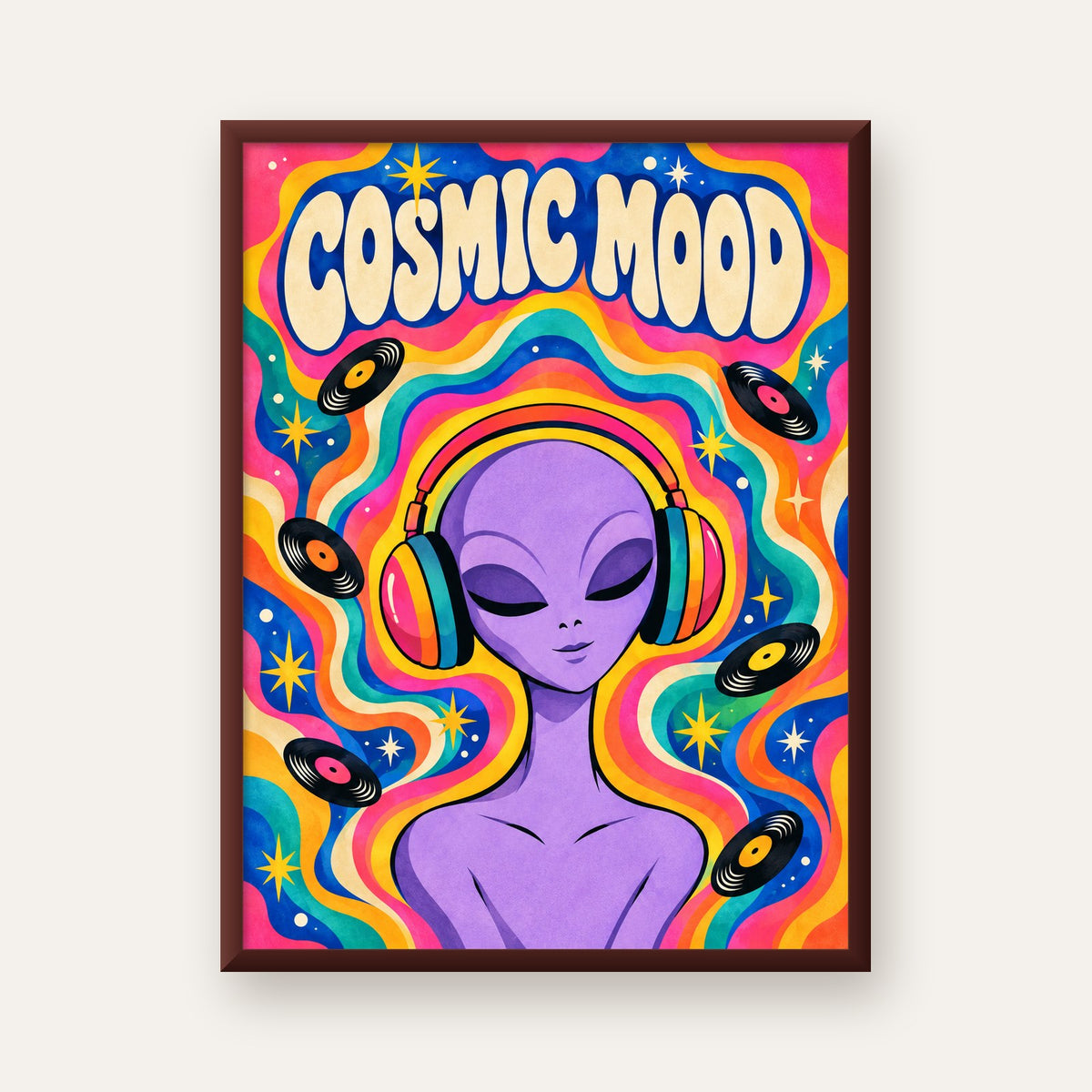 Cosmic Mood: Uzaylı ve Müzik Temalı Renkli Retro Poster — ceviz çerçeveli