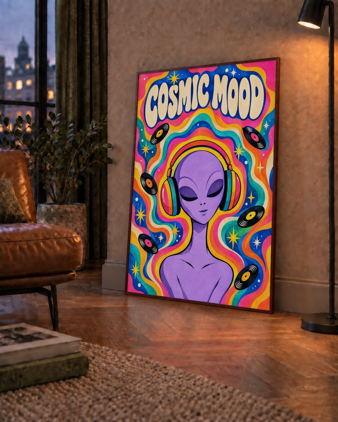 Cosmic Mood: Uzaylı ve Müzik Temalı Renkli Retro Poster