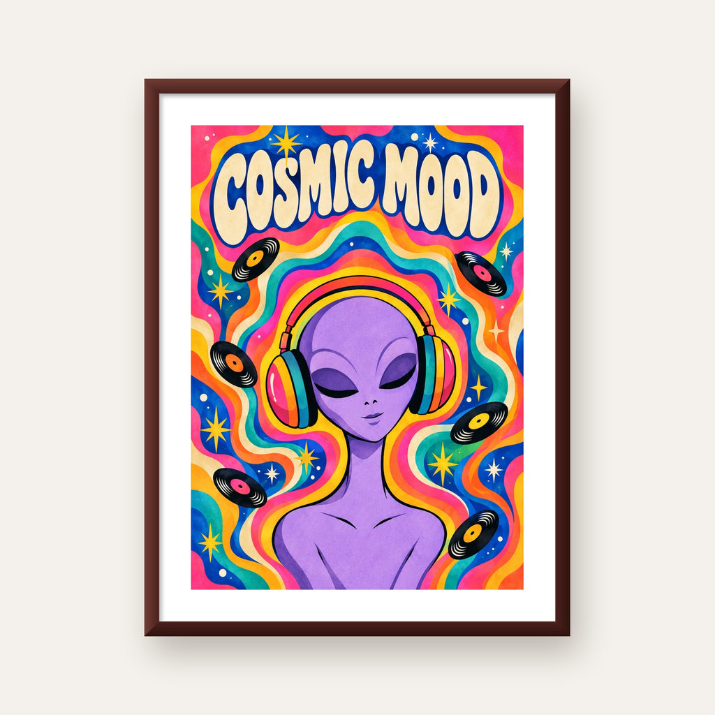 Cosmic Mood: Uzaylı ve Müzik Temalı Renkli Retro Poster — ceviz çerçeveli paspartulu