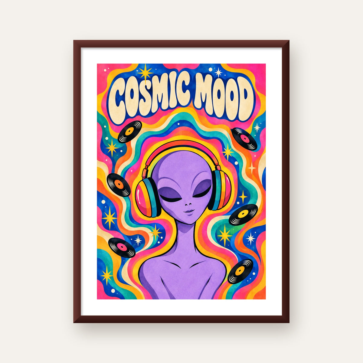 Cosmic Mood: Uzaylı ve Müzik Temalı Renkli Retro Poster — ceviz çerçeveli paspartulu