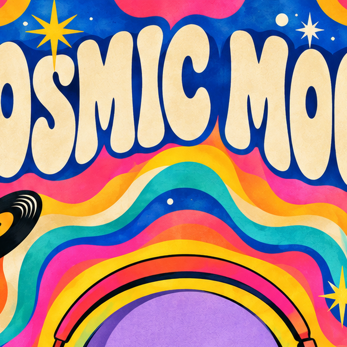 Cosmic Mood: Uzaylı ve Müzik Temalı Renkli Retro Poster — baskının yakın çekimi, kâğıt dokusu ve renk detayı