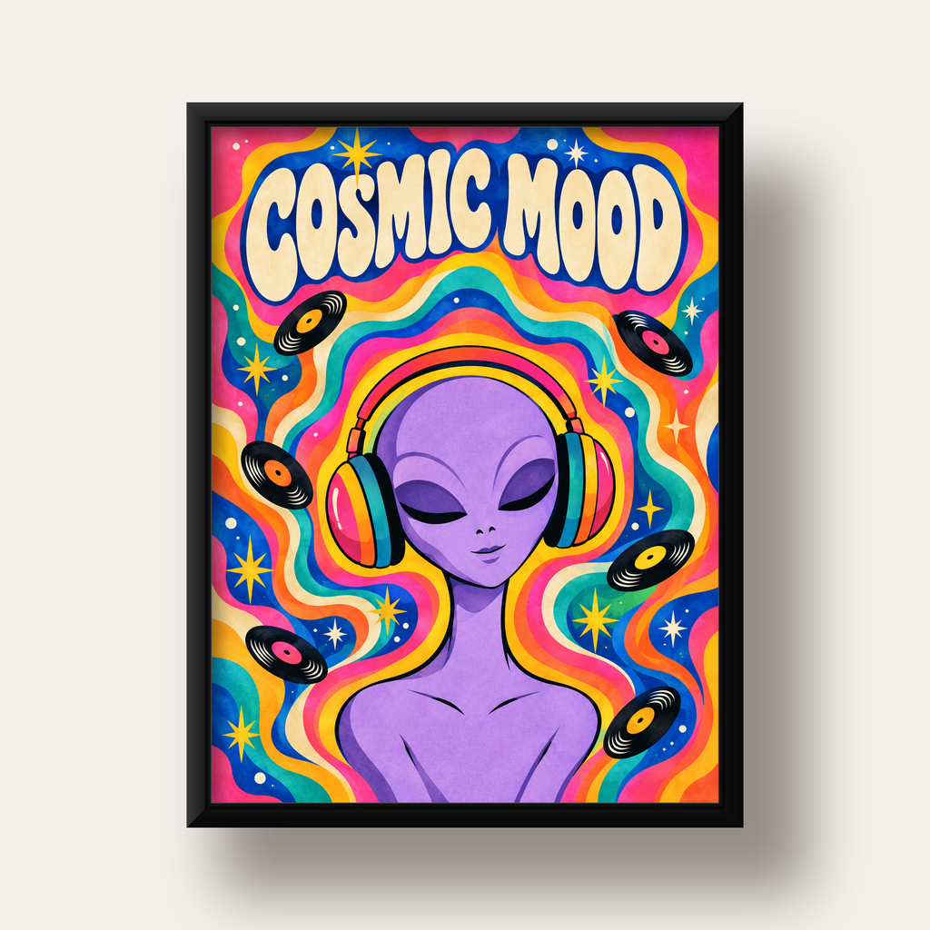 Cosmic Mood: Uzaylı ve Müzik Temalı Renkli Retro Poster — siyah derin çerçeveli
