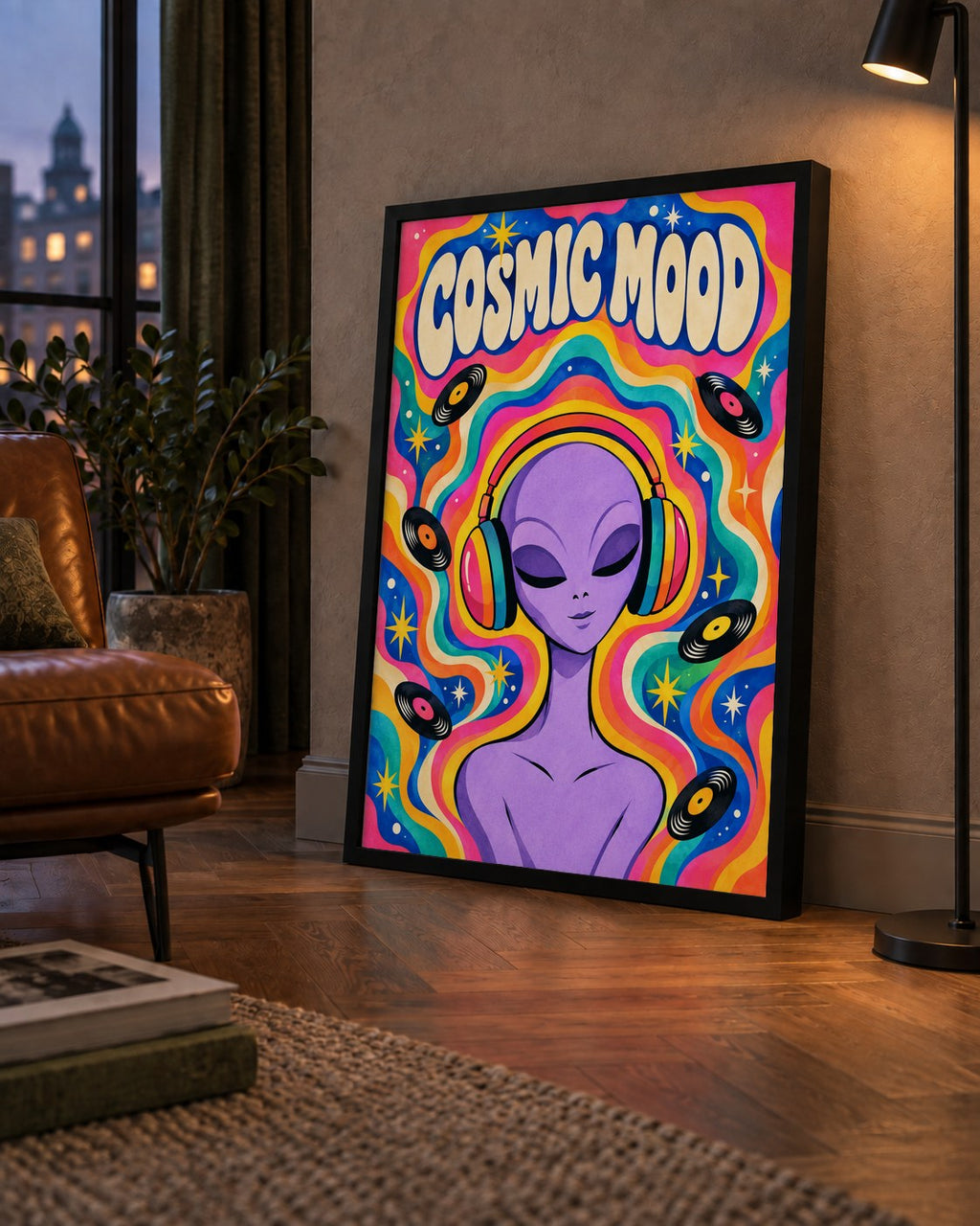 Cosmic Mood: Uzaylı ve Müzik Temalı Renkli Retro Poster