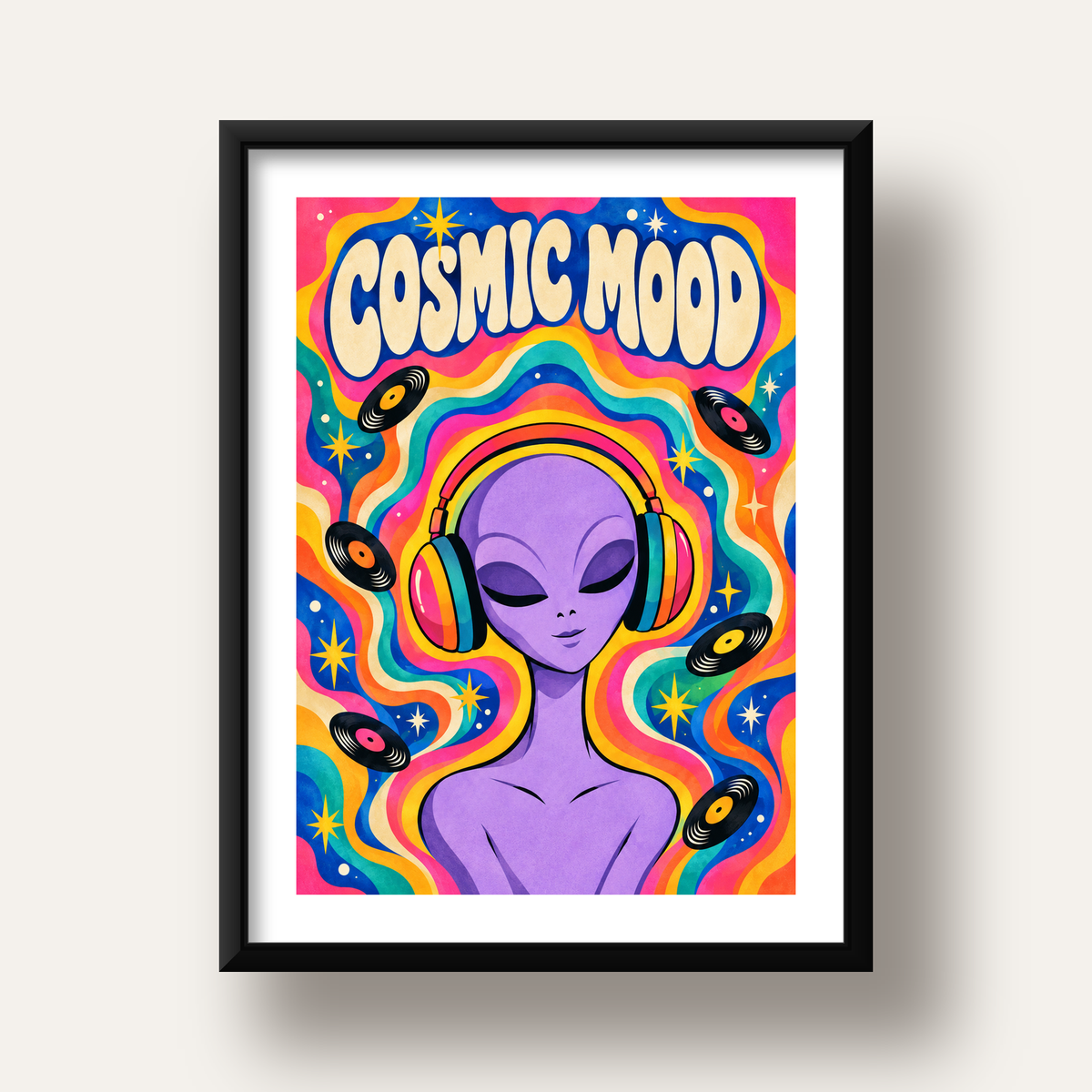 Cosmic Mood: Uzaylı ve Müzik Temalı Renkli Retro Poster — siyah derin çerçeveli paspartulu