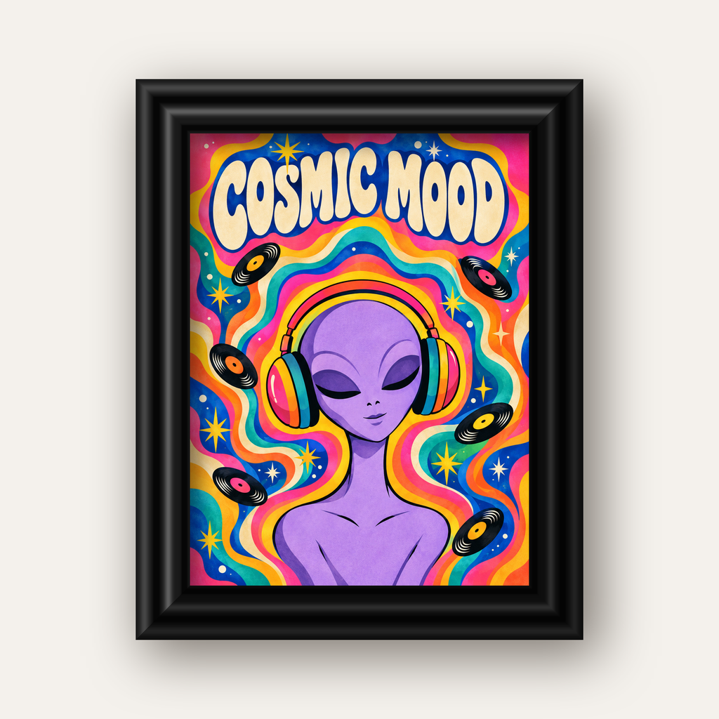 Cosmic Mood: Uzaylı ve Müzik Temalı Renkli Retro Poster — siyah galeri çerçeveli