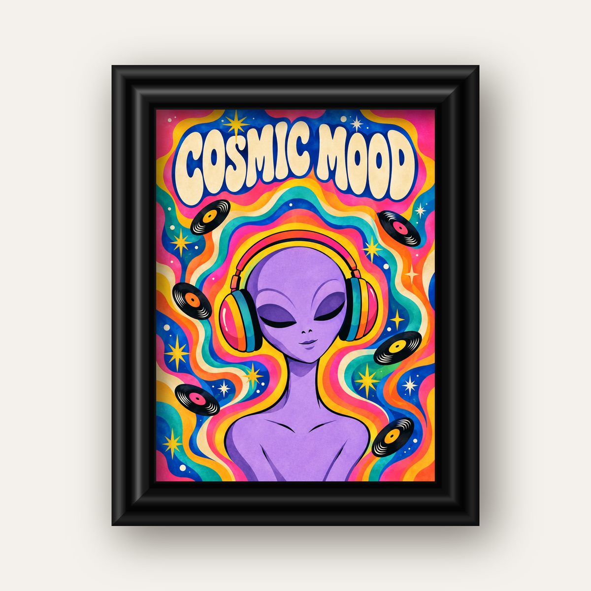 Cosmic Mood: Uzaylı ve Müzik Temalı Renkli Retro Poster — siyah galeri çerçeveli