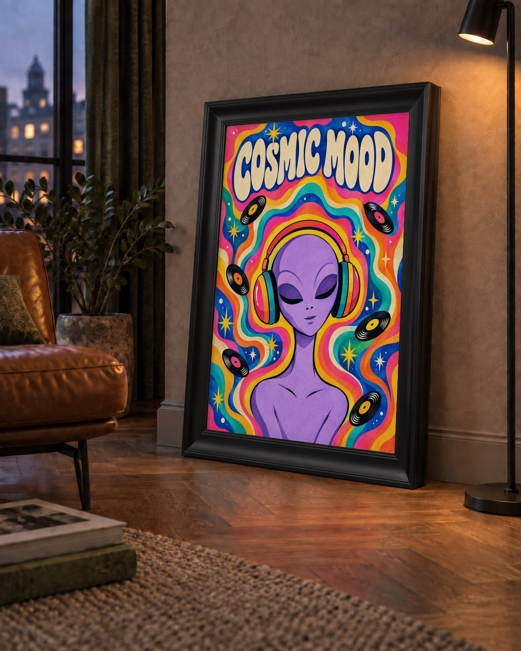 Cosmic Mood: Uzaylı ve Müzik Temalı Renkli Retro Poster
