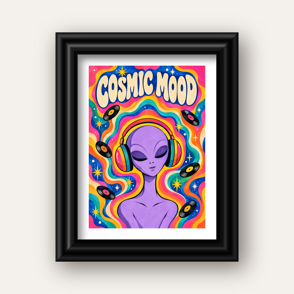 Cosmic Mood: Uzaylı ve Müzik Temalı Renkli Retro Poster — siyah galeri çerçeveli paspartulu