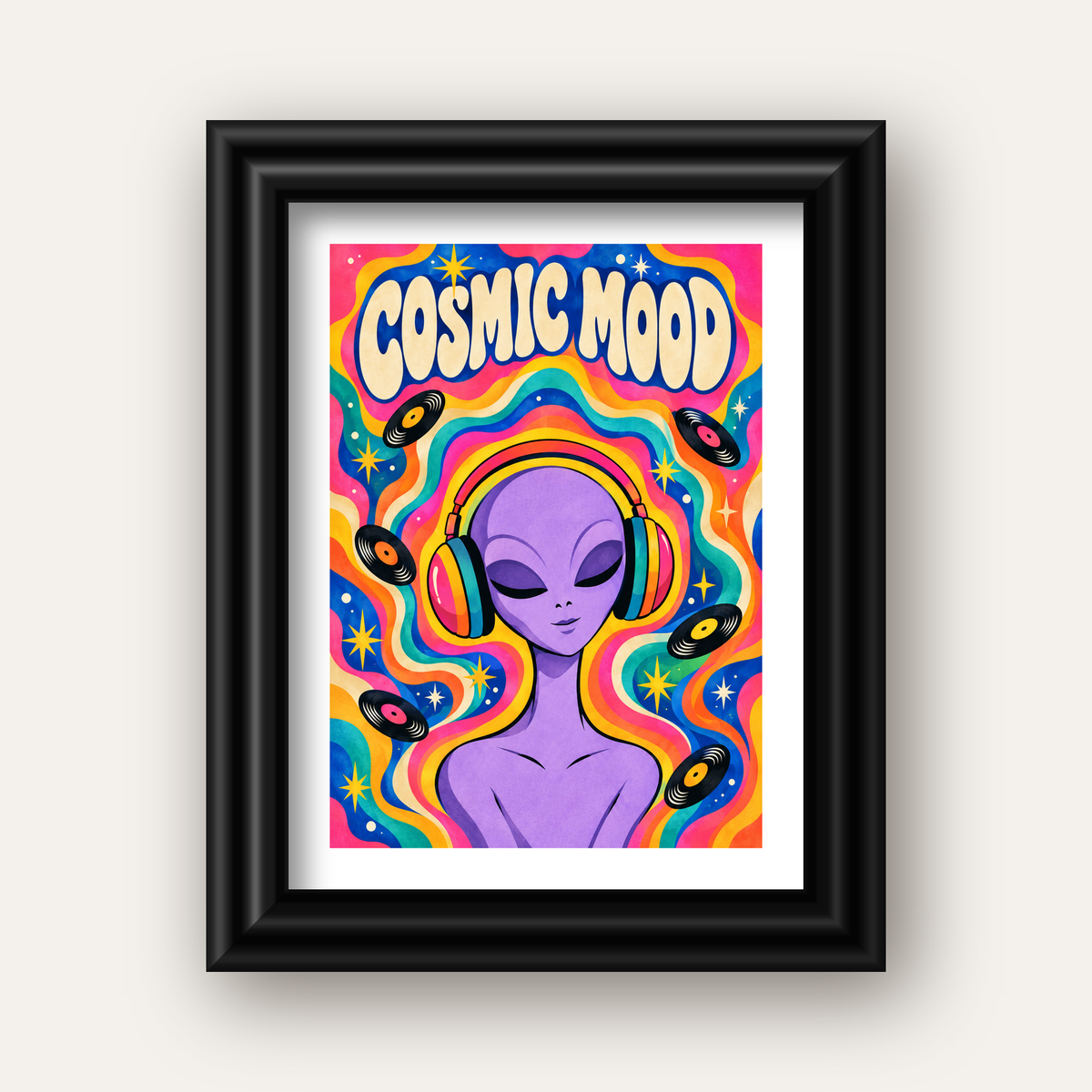 Cosmic Mood: Uzaylı ve Müzik Temalı Renkli Retro Poster — siyah galeri çerçeveli paspartulu