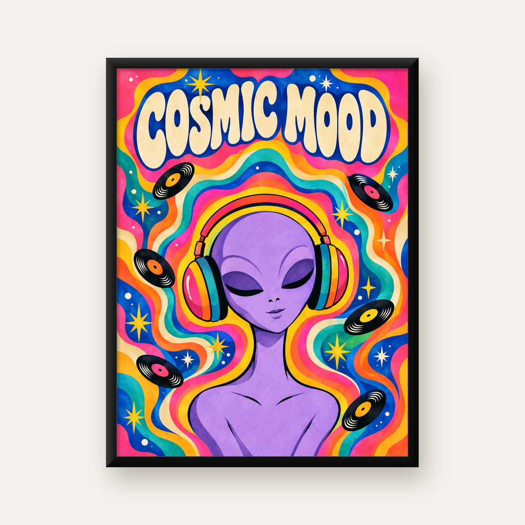 Cosmic Mood: Uzaylı ve Müzik Temalı Renkli Retro Poster — Dikey baskı, düz siyah çerçeveli duvar posteri
