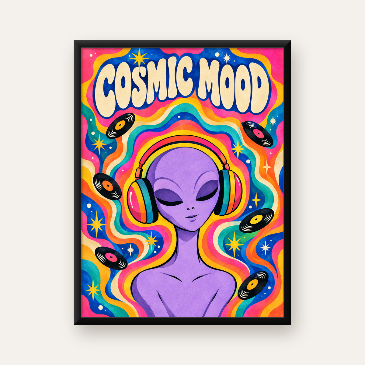 Cosmic Mood: Uzaylı ve Müzik Temalı Renkli Retro Poster — Dikey baskı, düz siyah çerçeveli duvar posteri
