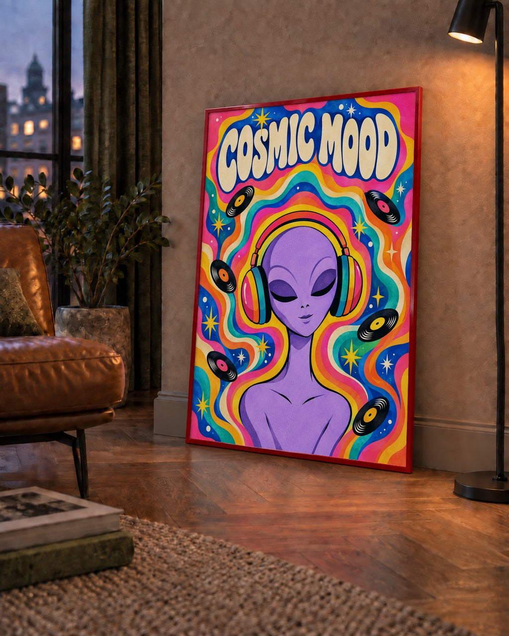 Cosmic Mood: Uzaylı ve Müzik Temalı Renkli Retro Poster