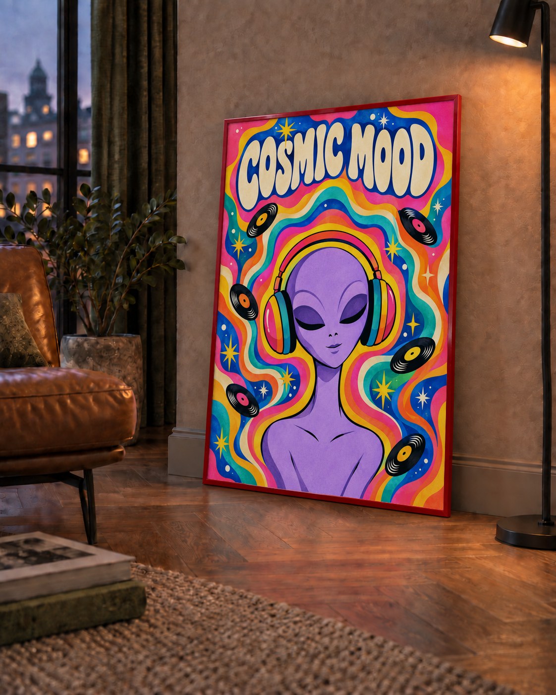 Cosmic Mood: Uzaylı ve Müzik Temalı Renkli Retro Poster