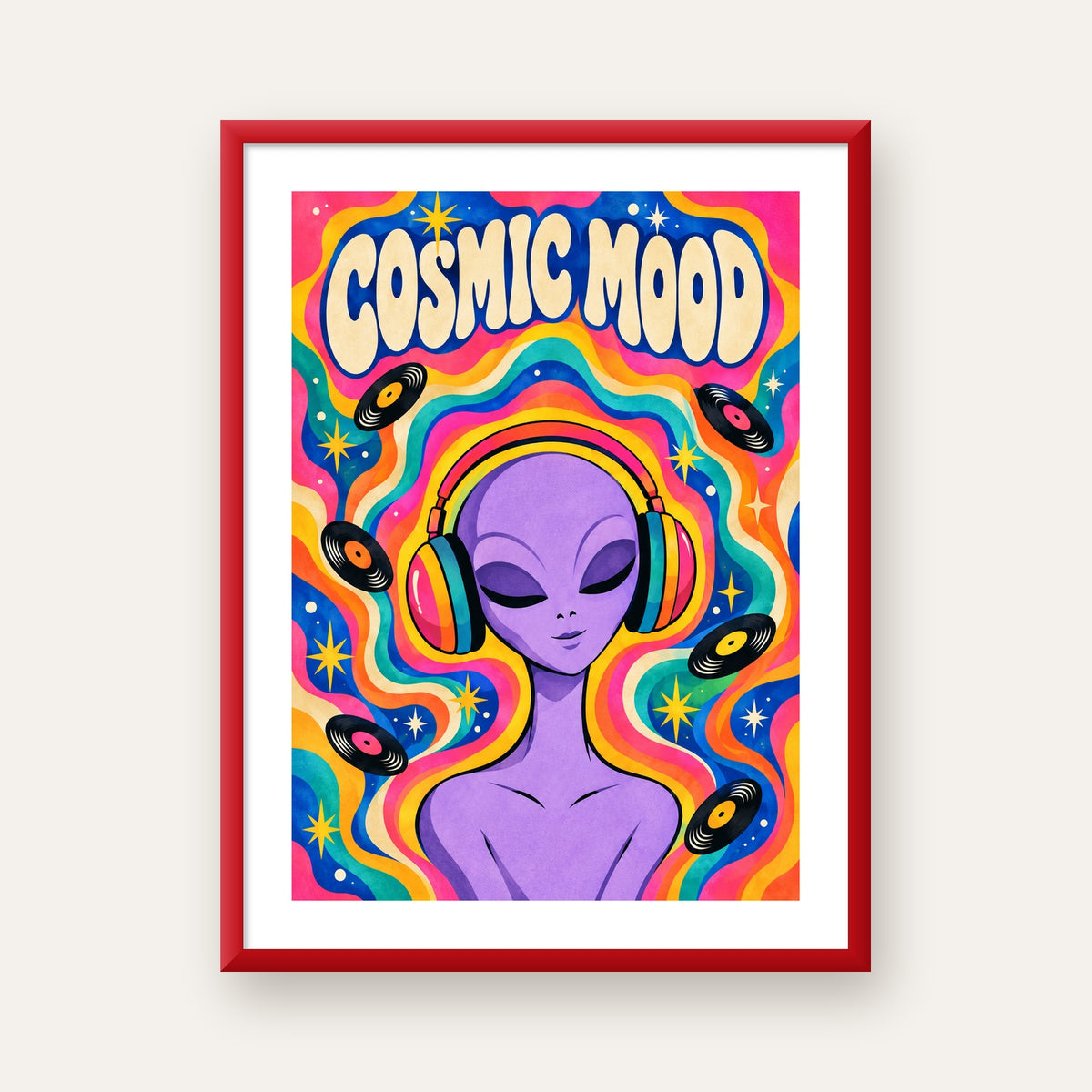 Cosmic Mood: Uzaylı ve Müzik Temalı Renkli Retro Poster — kırmızı çerçeveli paspartulu