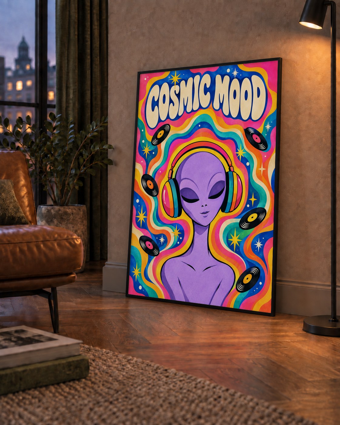 Cosmic Mood: Uzaylı ve Müzik Temalı Renkli Retro Poster