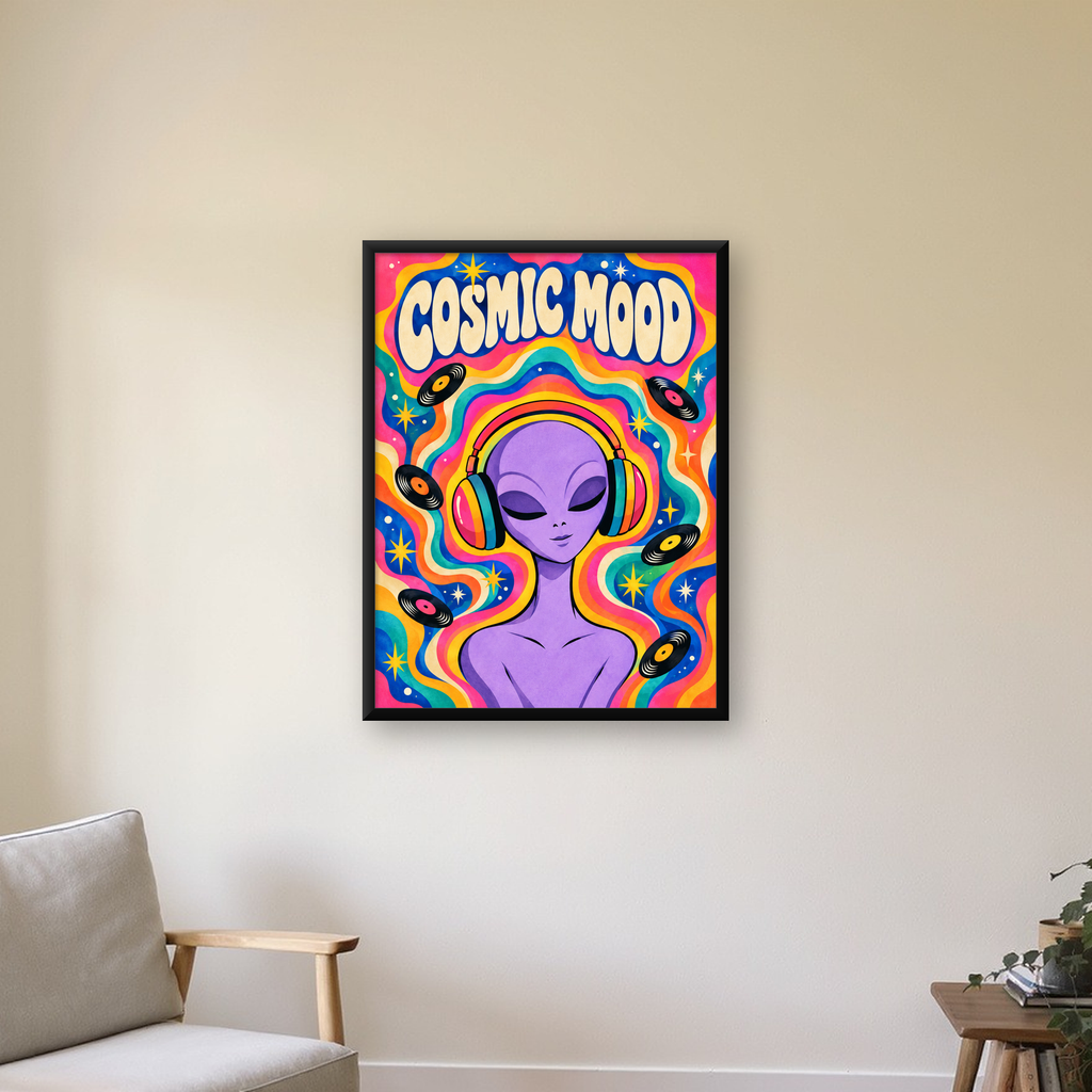 Cosmic Mood: Uzaylı ve Müzik Temalı Renkli Retro Poster — Dikey baskı, çerçeveli hâliyle bir ev duvarında