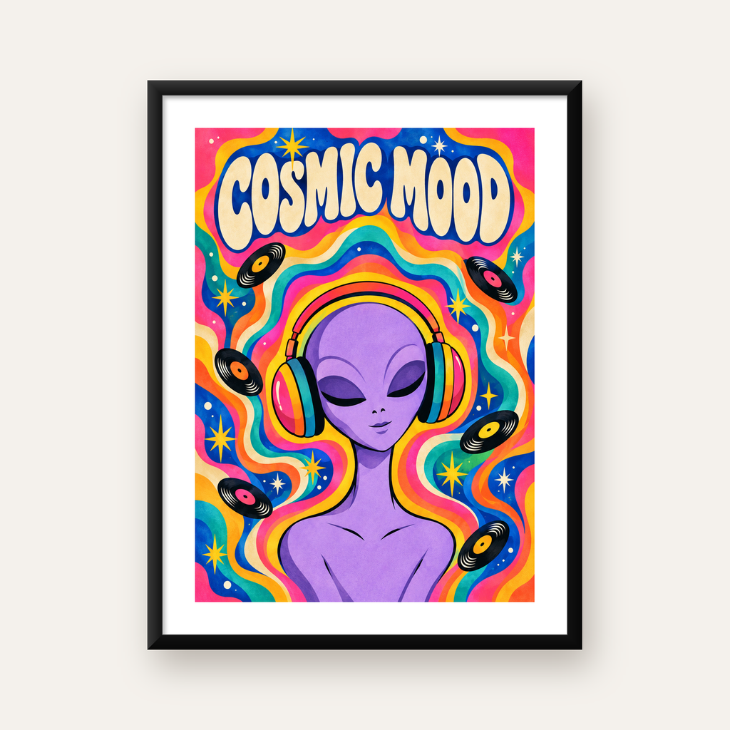 Cosmic Mood: Uzaylı ve Müzik Temalı Renkli Retro Poster — Dikey baskı, beyaz paspartulu