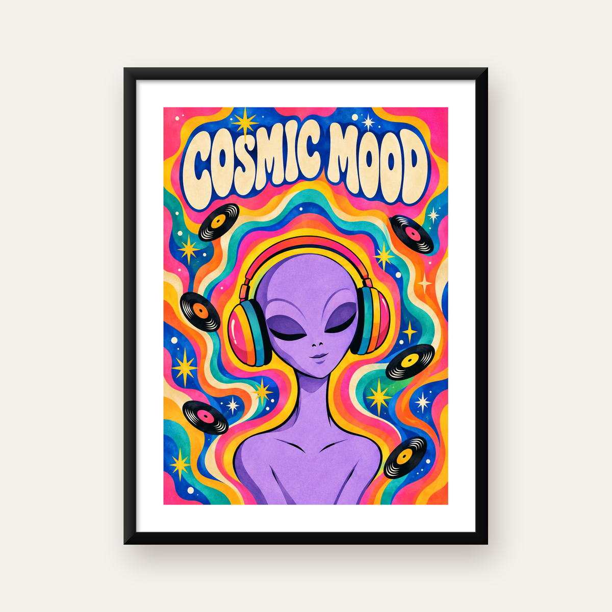 Cosmic Mood: Uzaylı ve Müzik Temalı Renkli Retro Poster — Dikey baskı, beyaz paspartulu