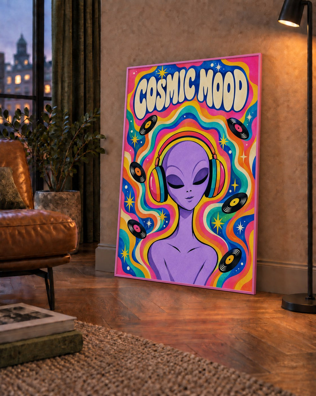 Cosmic Mood: Uzaylı ve Müzik Temalı Renkli Retro Poster