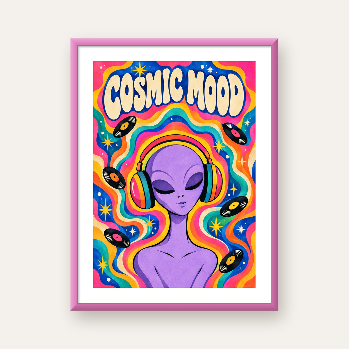 Cosmic Mood: Uzaylı ve Müzik Temalı Renkli Retro Poster — pembe çerçeveli paspartulu