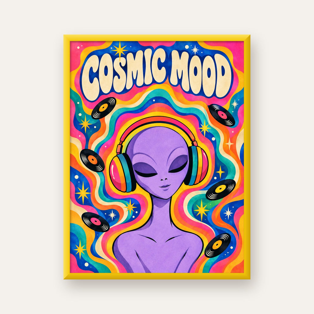 Cosmic Mood: Uzaylı ve Müzik Temalı Renkli Retro Poster — sarı çerçeveli
