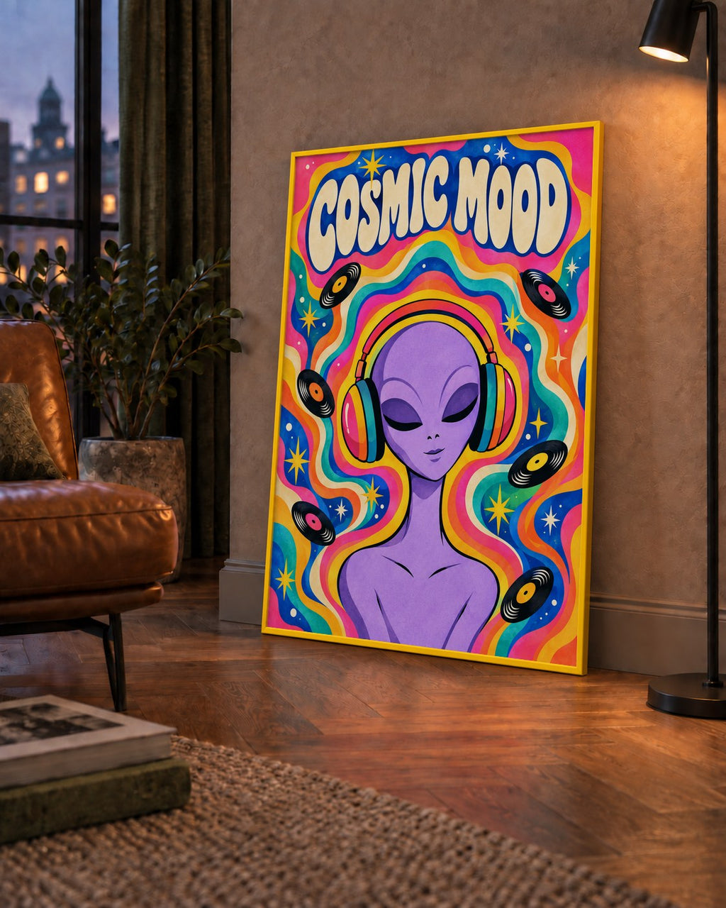Cosmic Mood: Uzaylı ve Müzik Temalı Renkli Retro Poster