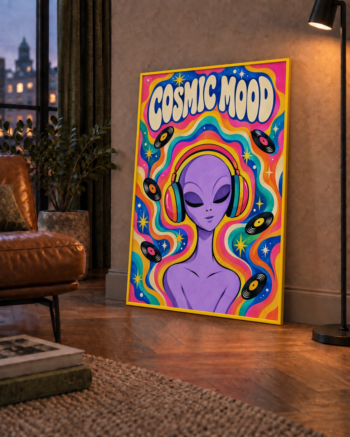 Cosmic Mood: Uzaylı ve Müzik Temalı Renkli Retro Poster