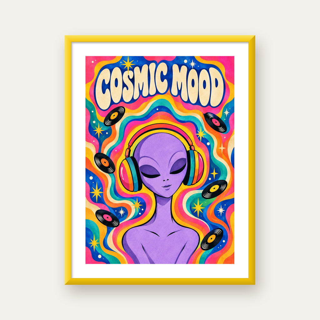 Cosmic Mood: Uzaylı ve Müzik Temalı Renkli Retro Poster — sarı çerçeveli paspartulu