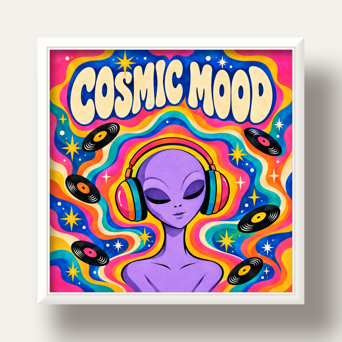 Cosmic Mood: Uzaylı ve Müzik Temalı Renkli Retro Poster — beyaz derin çerçeveli