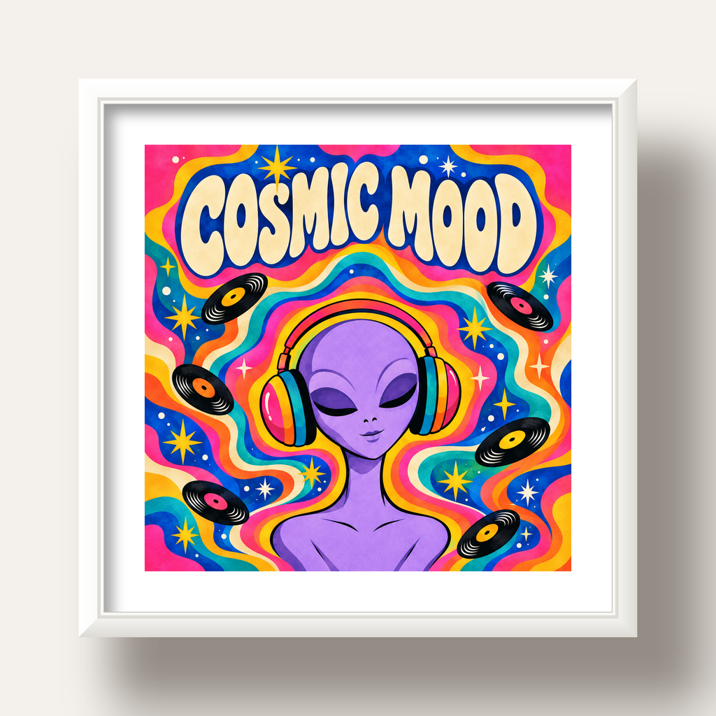 Cosmic Mood: Uzaylı ve Müzik Temalı Renkli Retro Poster — beyaz derin çerçeveli paspartulu
