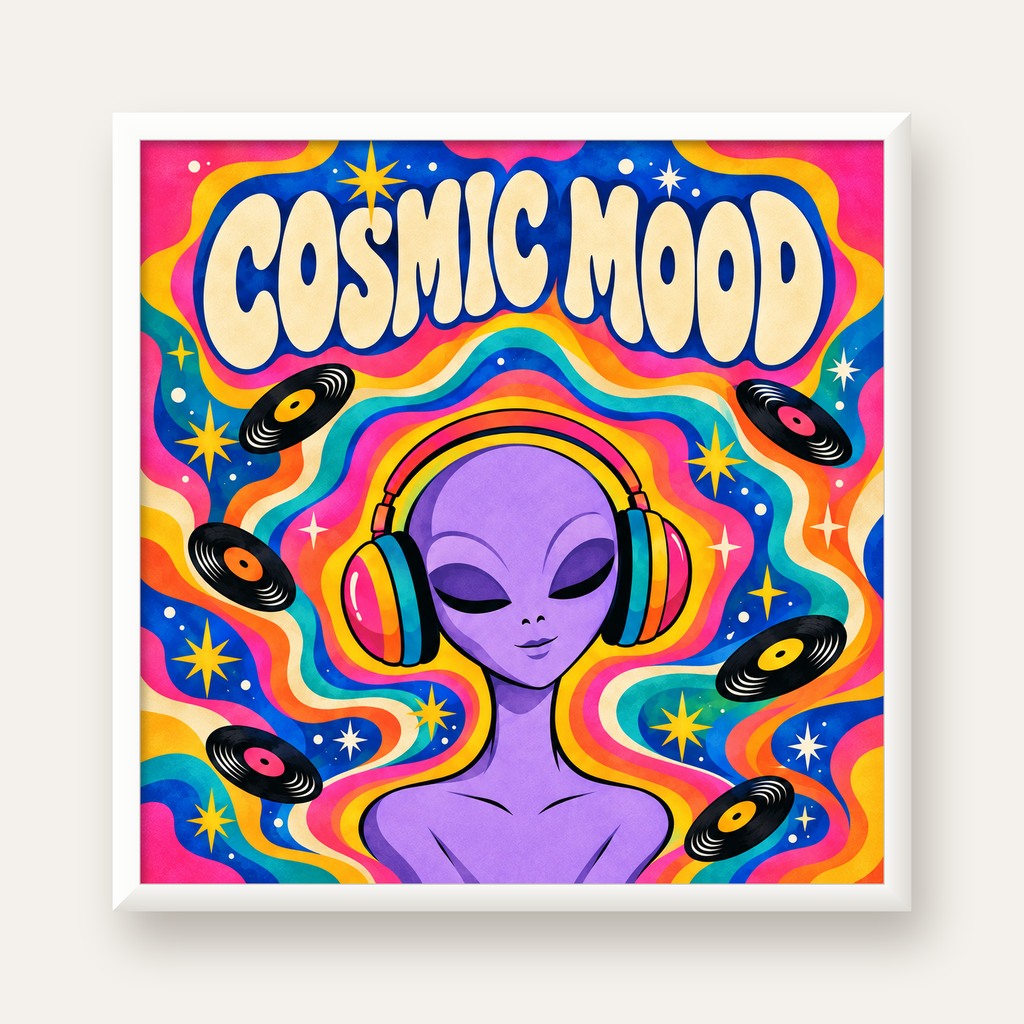 Cosmic Mood: Uzaylı ve Müzik Temalı Renkli Retro Poster — beyaz çerçeveli kare poster