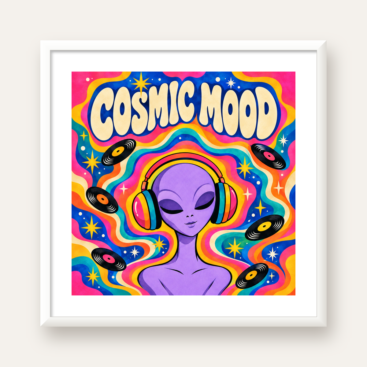 Cosmic Mood: Uzaylı ve Müzik Temalı Renkli Retro Poster — beyaz çerçeveli kare poster